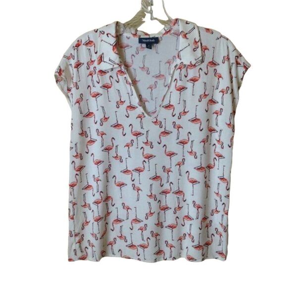 Anthropologie | Modcloth Linen Blend Flamingo Top Small - Picture 1 of 8